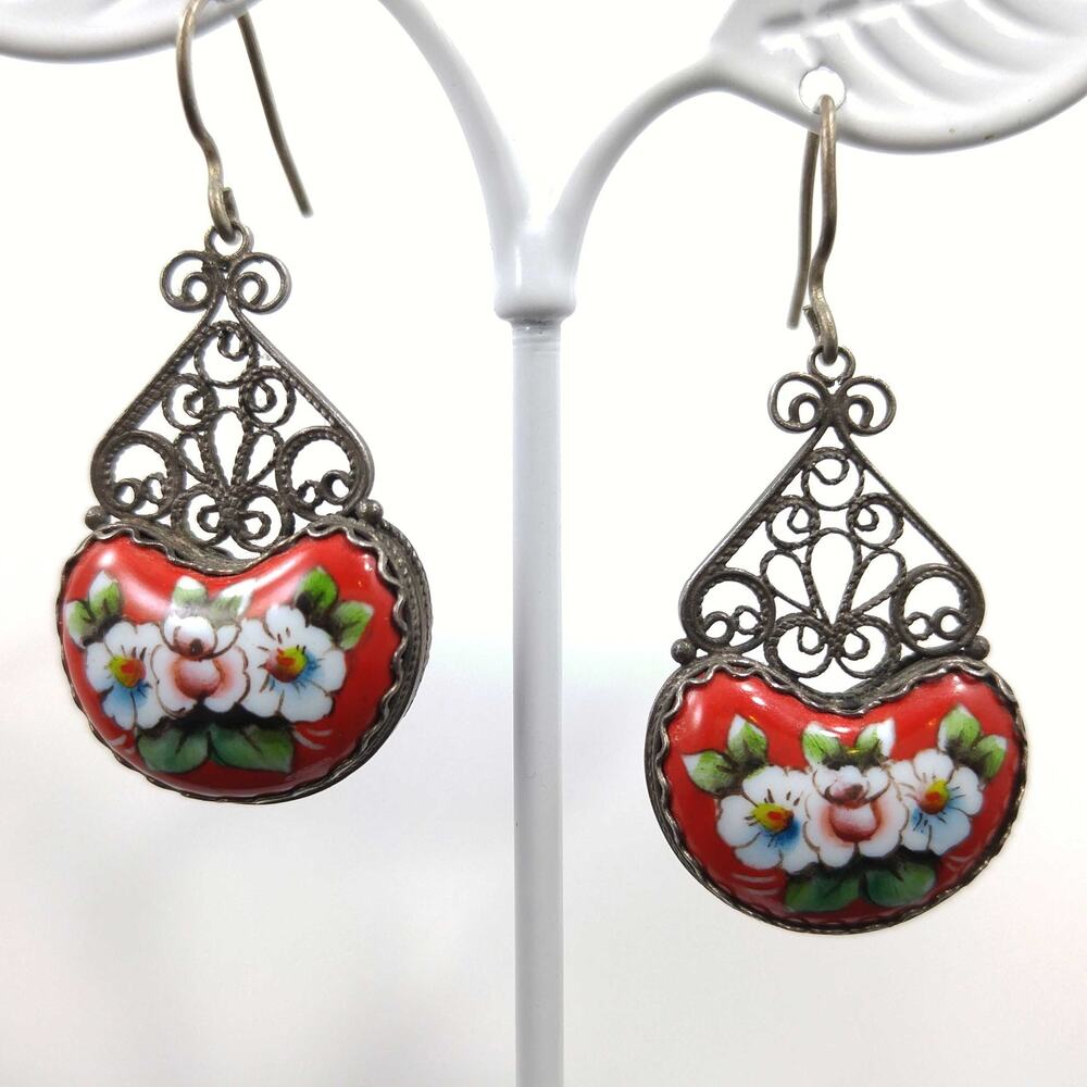 Vintage Red Ceramic Floral Earrings, Filigree, Double Sided, 1970s, 1 3/4"